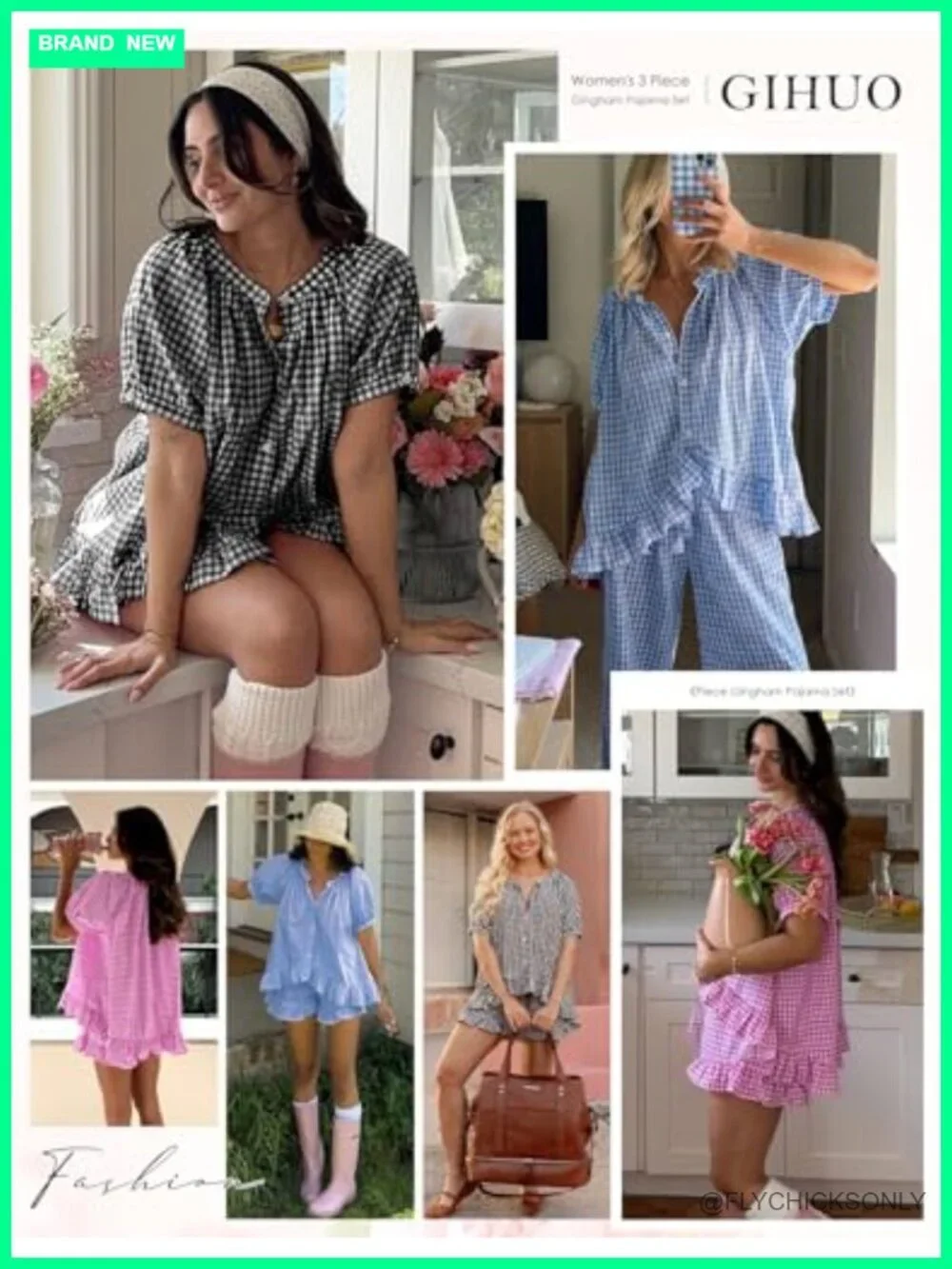 3 Piece Gingham Pajama Set Ruffle Short Sleeve Top Long Pants & Shorts Cotton